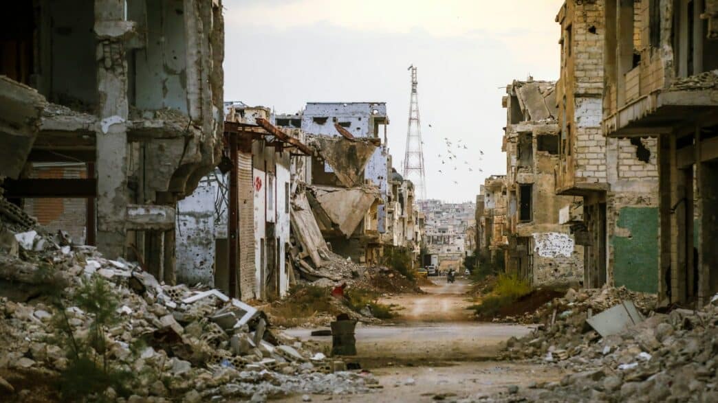 a destroyed building in a city